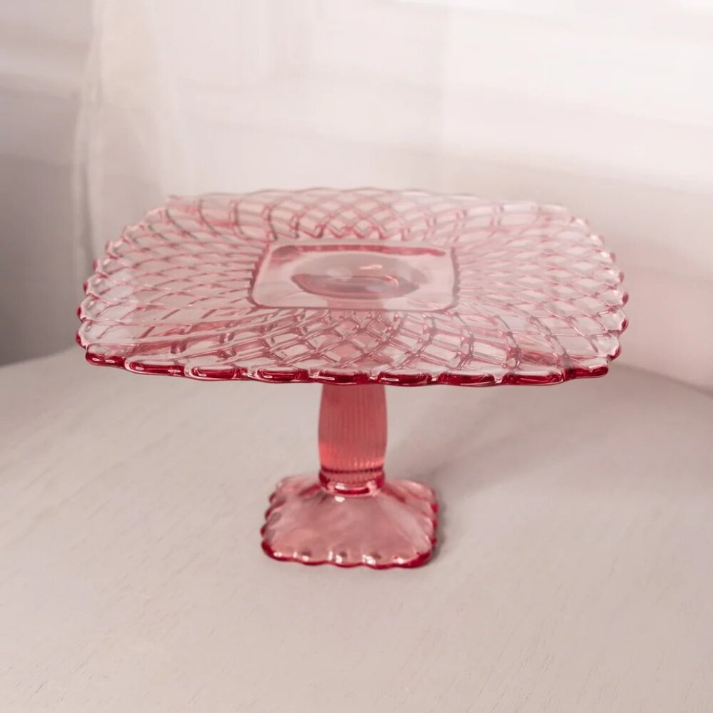 Vintage LE Smith Large Square Pink Glass Trellis Cake Stand